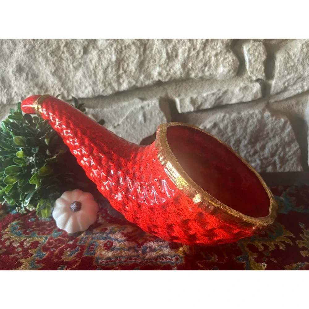 Vintage Ceramic Cornucopia Horn of Plenty Orange Textured Gold Trim